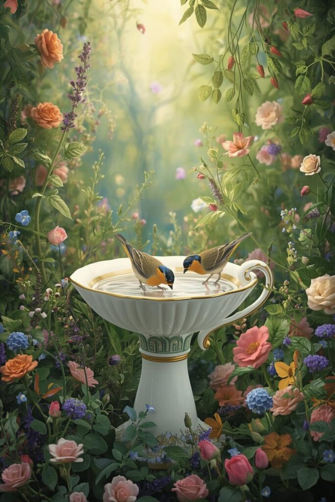 Whimsical vintage teacup bird bath with perched birds in a colorful garden.