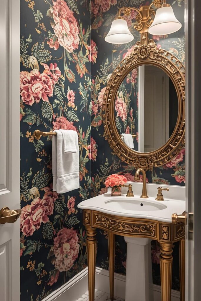 powder room with bold floral wallpaper