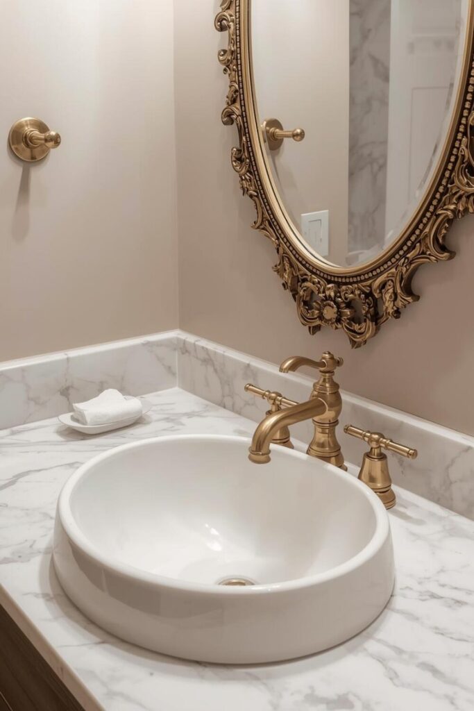 Matte white and gold faucets in a stylish powder room with modern hardware