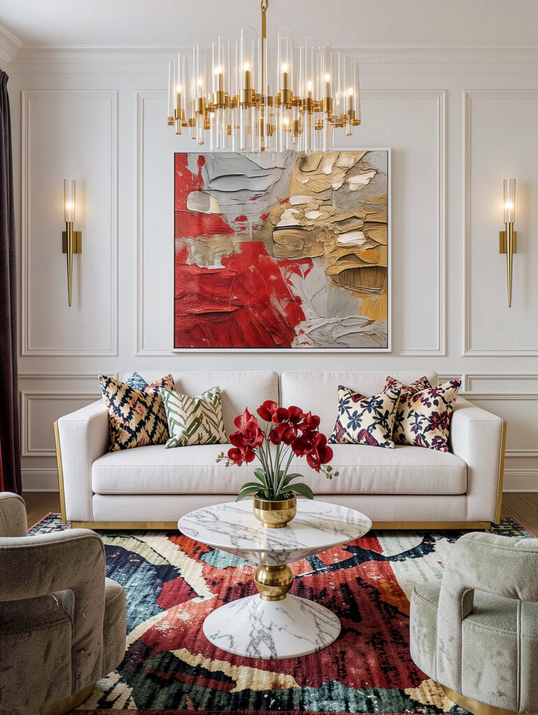 luxury living room with sofa and gold accent coffee table