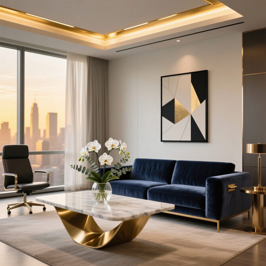 uxury living room with emerald velvet sofa and sculptural coffee table