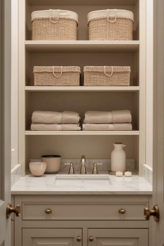 powder room storage shelves with towels