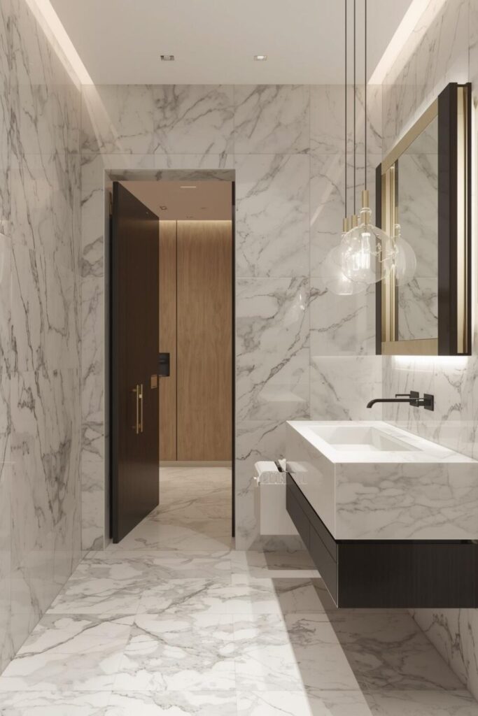 powder room with large marble tiles