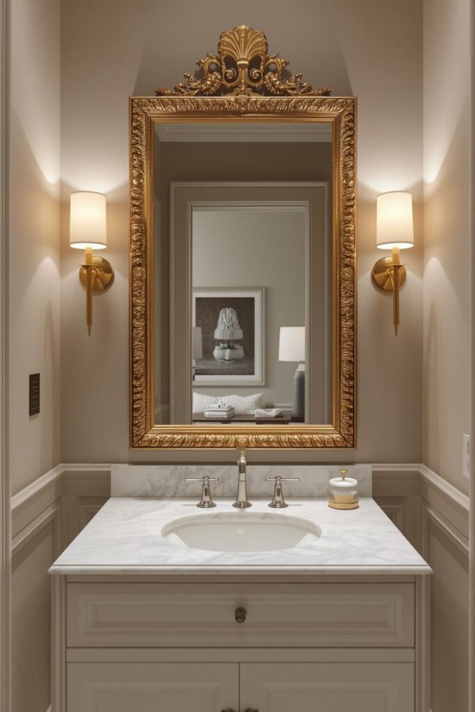 luxury powder room with large statement mirror and marble vanity