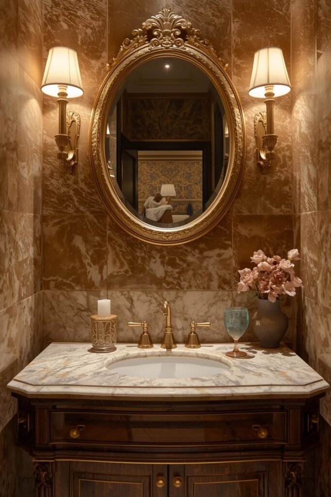 powder room with gold accents