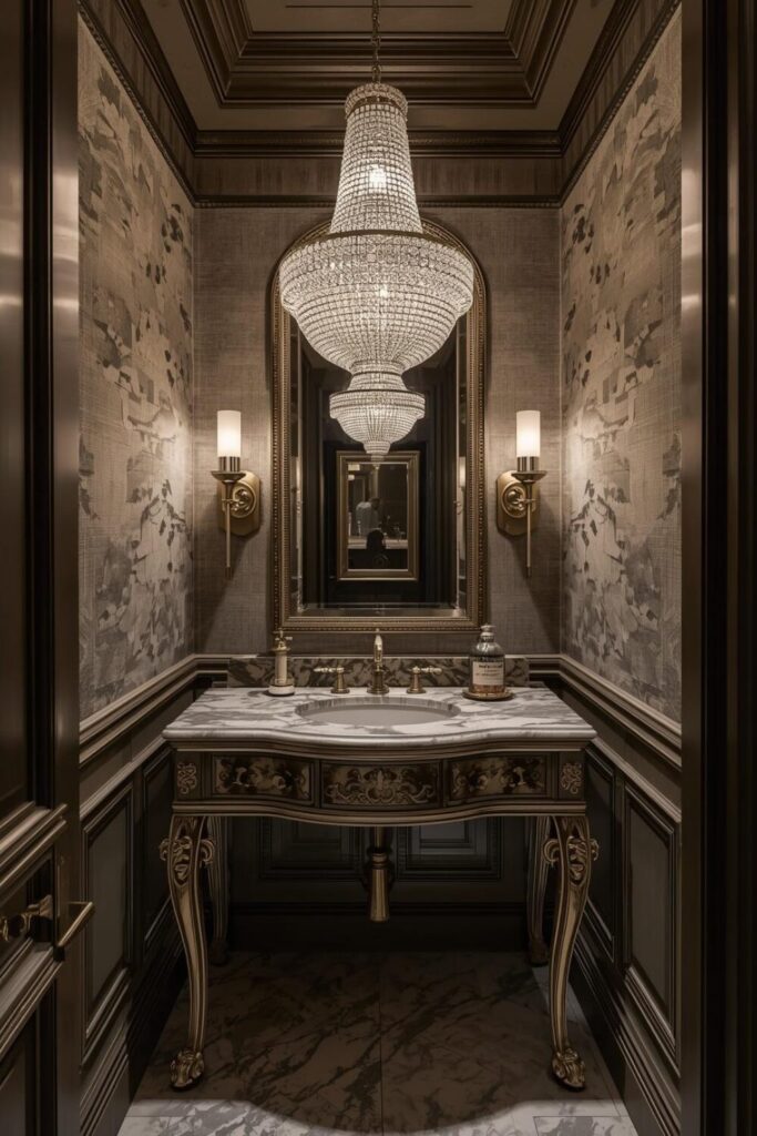powder room with chandelier lighting