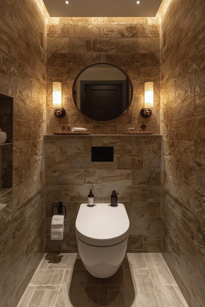 powder room with natural stone walls