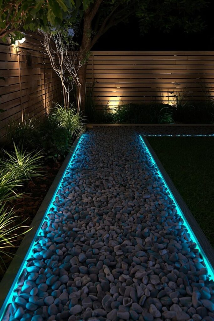 15 Cheap DIY Garden Border Ideas That Look Expensive Glowing pebble garden border at night showing garden border ideas diy cheap