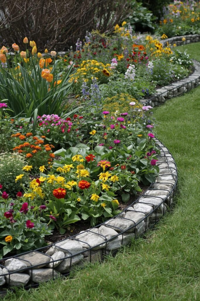 15 Cheap DIY Garden Border Ideas That Look Expensive Gabion stone cage garden border with modern landscaping