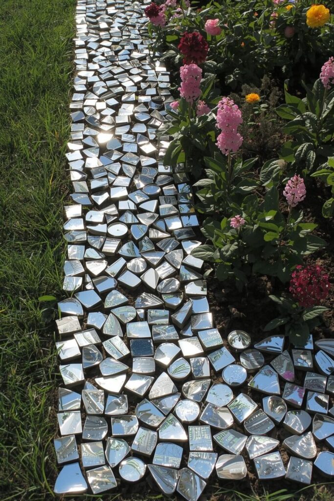 15 Cheap DIY Garden Border Ideas That Look Expensive Mirror mosaic garden border reflecting sunlight beautifully