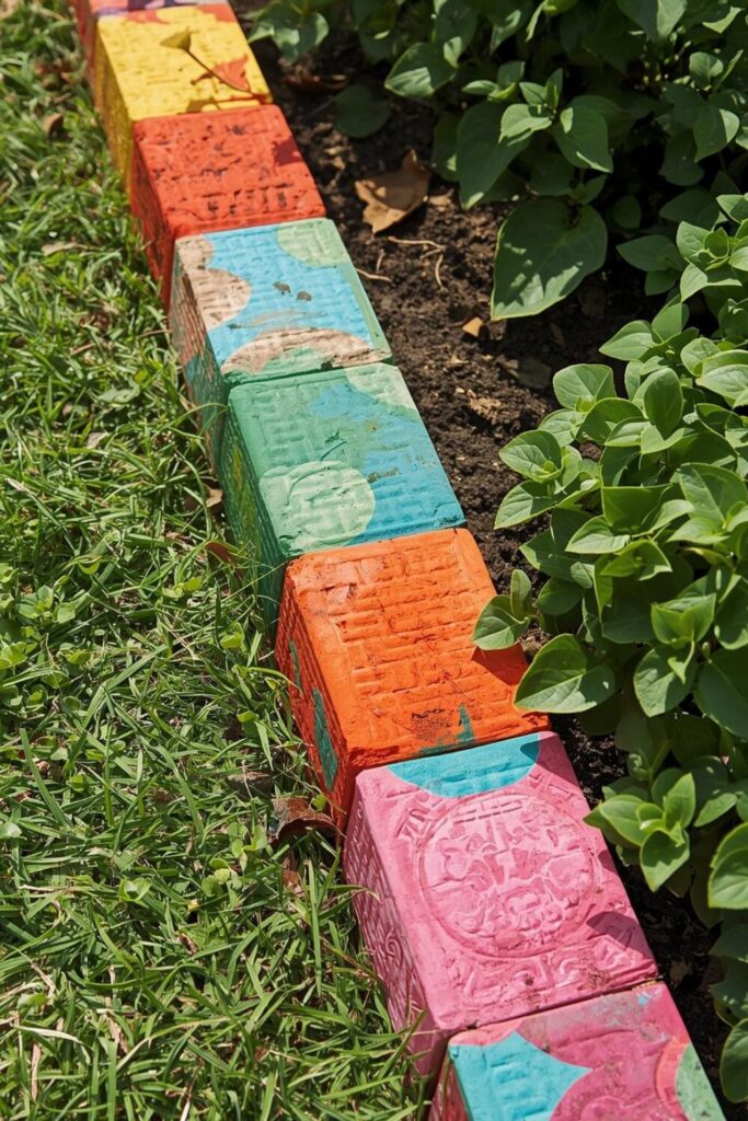 15 Cheap DIY Garden Border Ideas That Look Expensive Painted brick garden border with colorful patterns