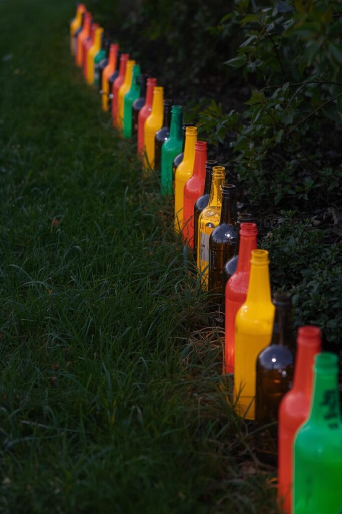 15 Cheap DIY Garden Border Ideas That Look Expensive Neon bottle garden border glowing at night