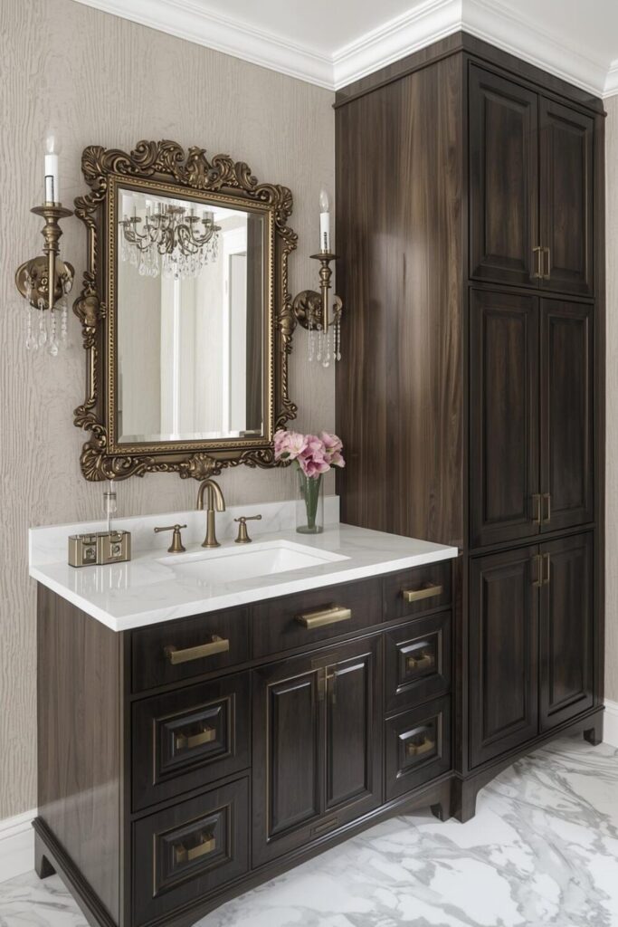 powder room with custom cabinets