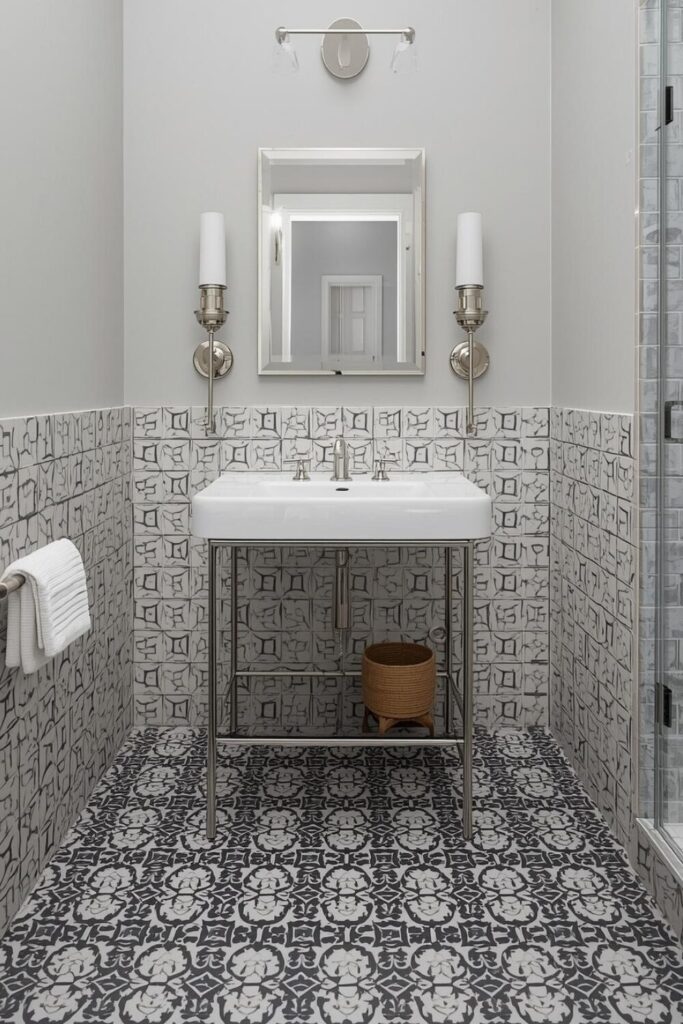 patterned tile powder room floor