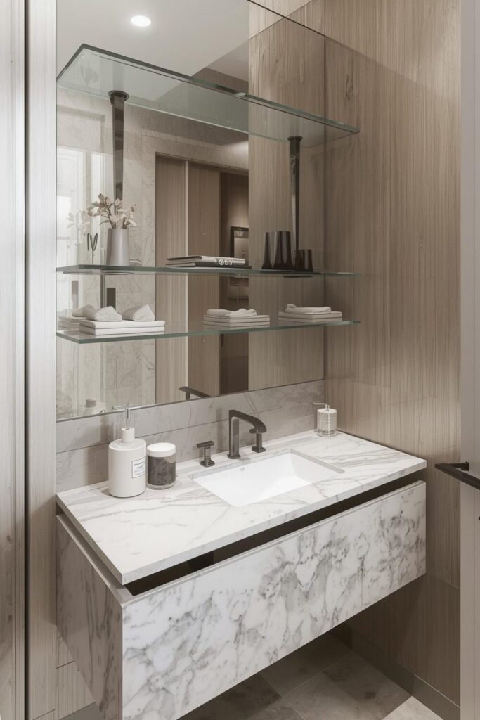 powder room with glass shelves