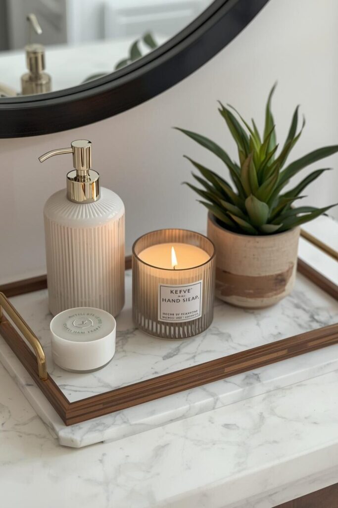 powder room vanity tray decor