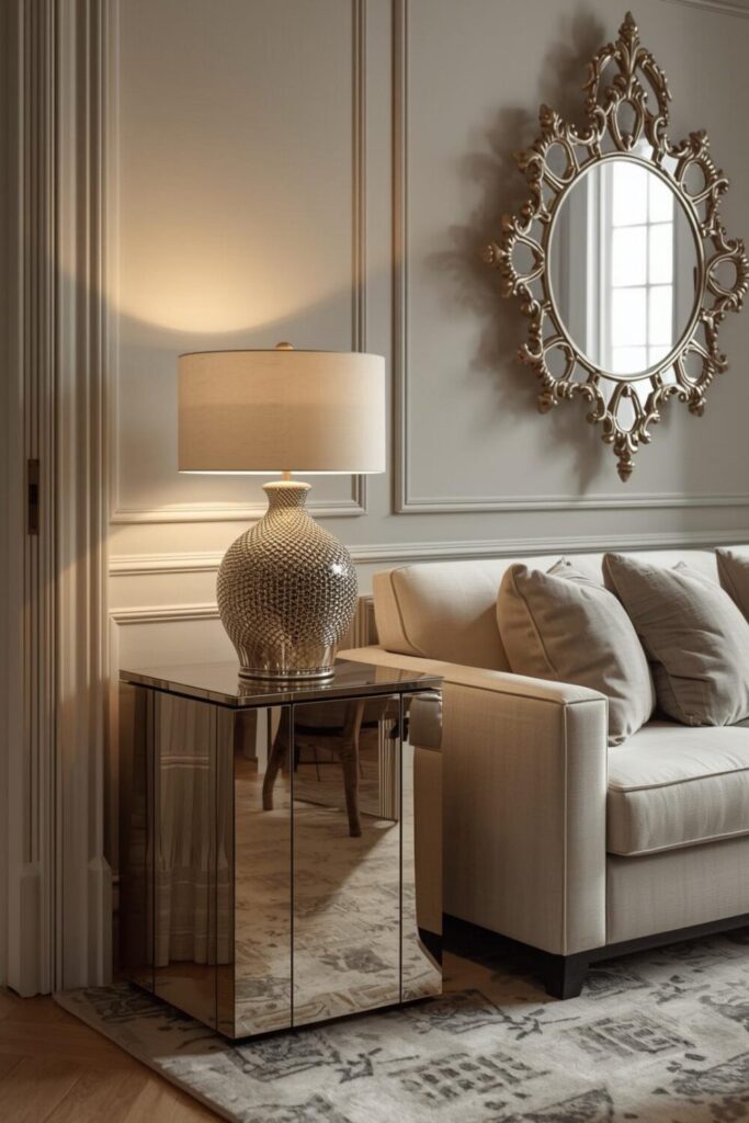 23 Ways to Create a Mirror Aesthetic Ideas in Your Space Mirrored furniture reflecting light in living room.