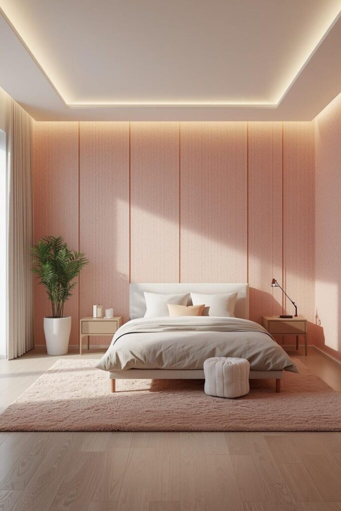 Minimal soft pink bedroom with cozy neutral decor