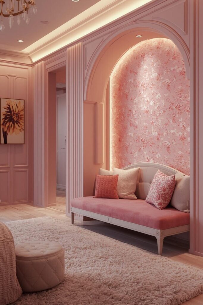 Soft pink floral wallpaper in a cozy feminine bedroom