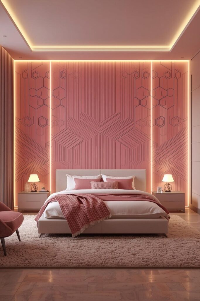 Geometric soft pink wallpaper in a modern bedroom