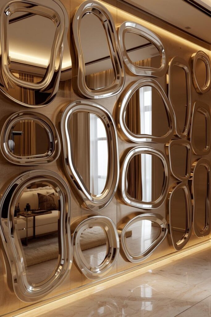 23 Ways to Create a Mirror Aesthetic Ideas in Your Space Layered mirrors creating artistic wall decor.