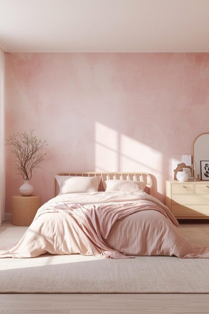 Watercolor soft pink walls in a cozy bedroom