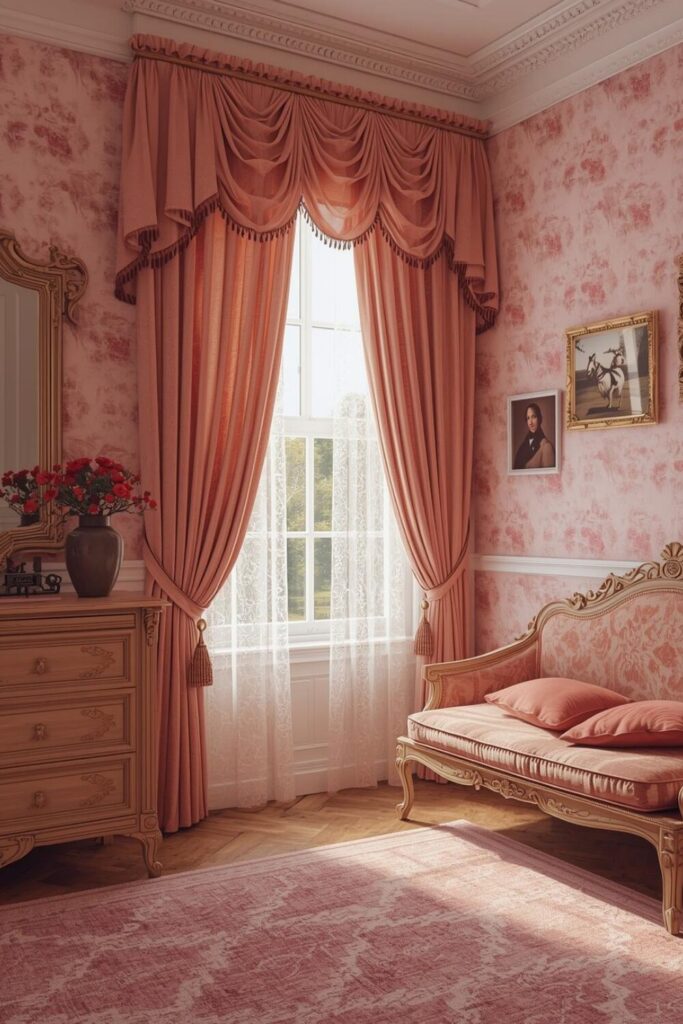 Vintage floral soft pink wallpaper in an elegant bedroom