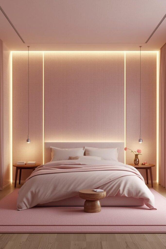 Soft pink textured wallpaper in a modern cozy bedroom