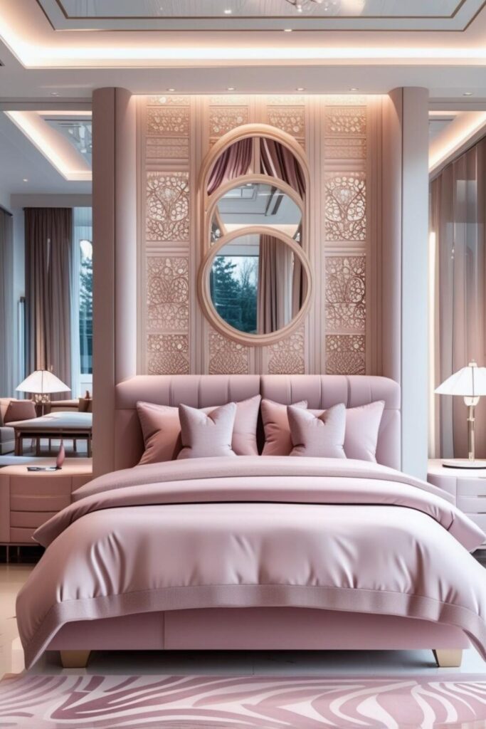 Blush pink accent wall behind bed in cozy bedroom