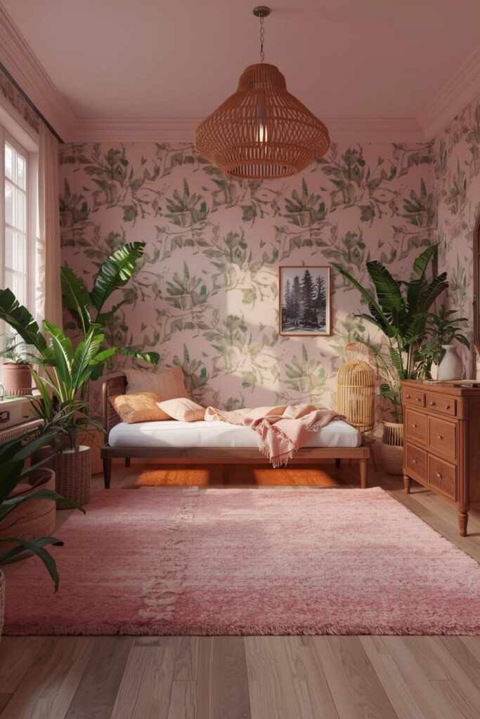 Soft pink botanical wallpaper in a cozy bedroom
