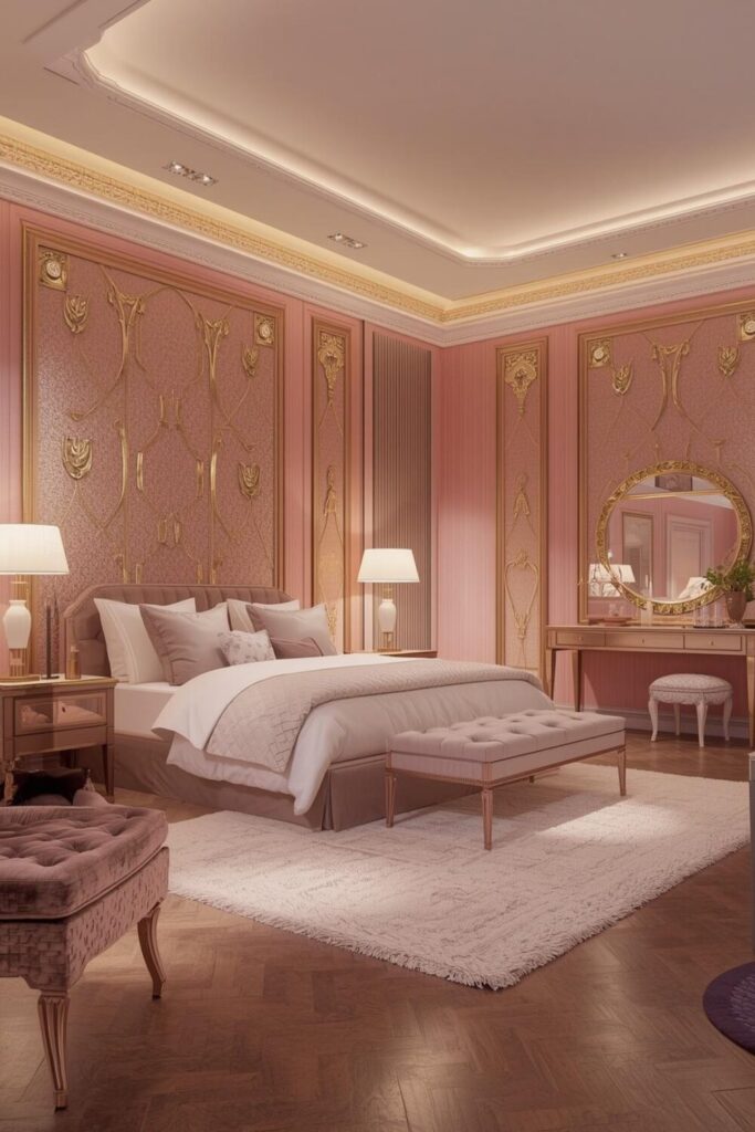 Metallic soft pink wallpaper with gold accents in a bedroom