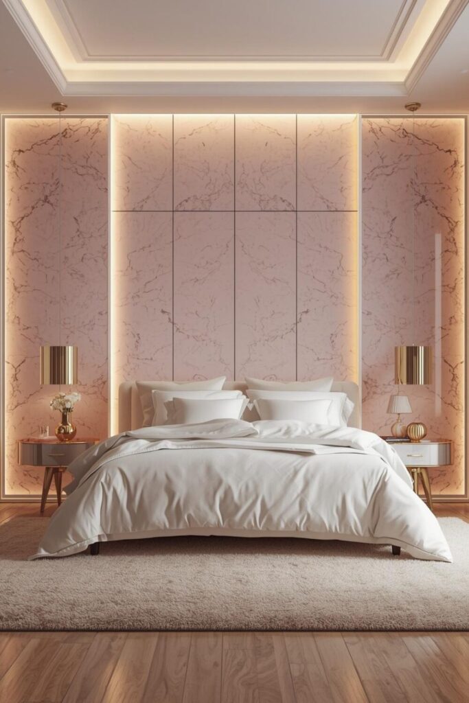 Soft pink marble accent wall in a modern bedroom