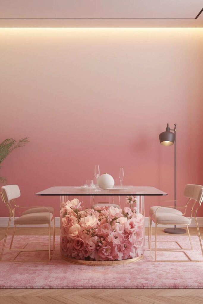Ombre soft pink wallpaper in a modern dining room