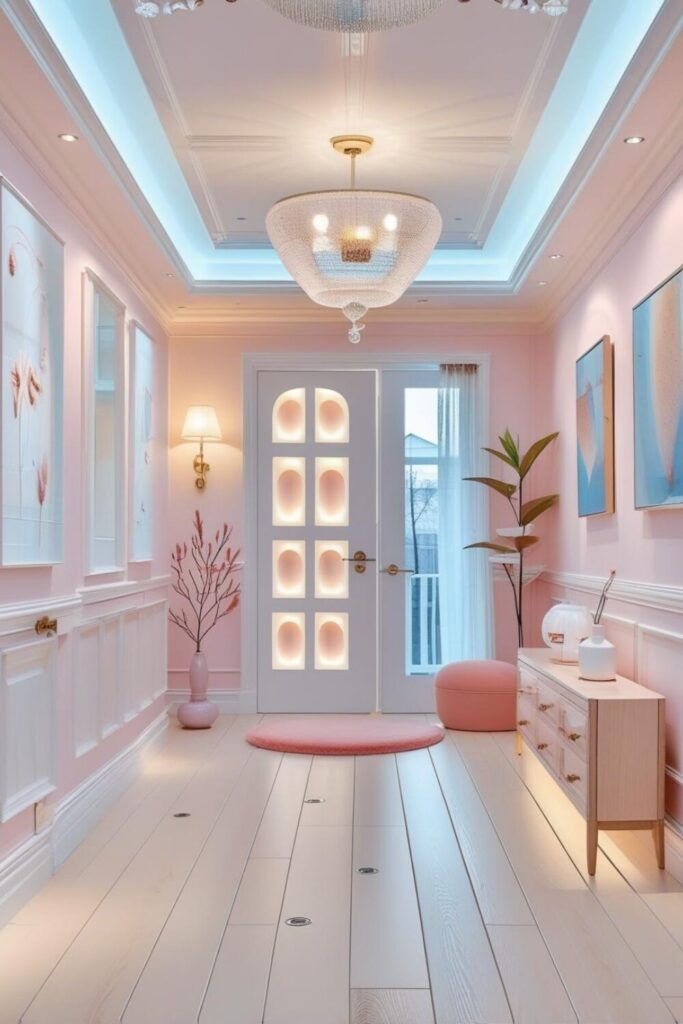 Scandinavian soft pink hallway with minimal decor