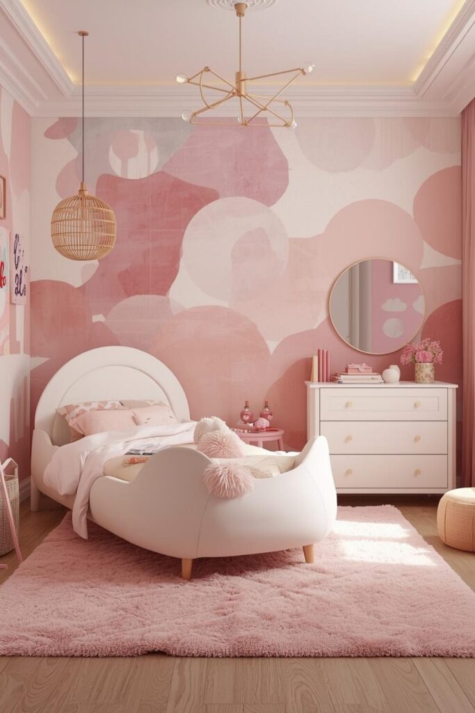 Abstract soft pink wallpaper in a modern baby bedroom
