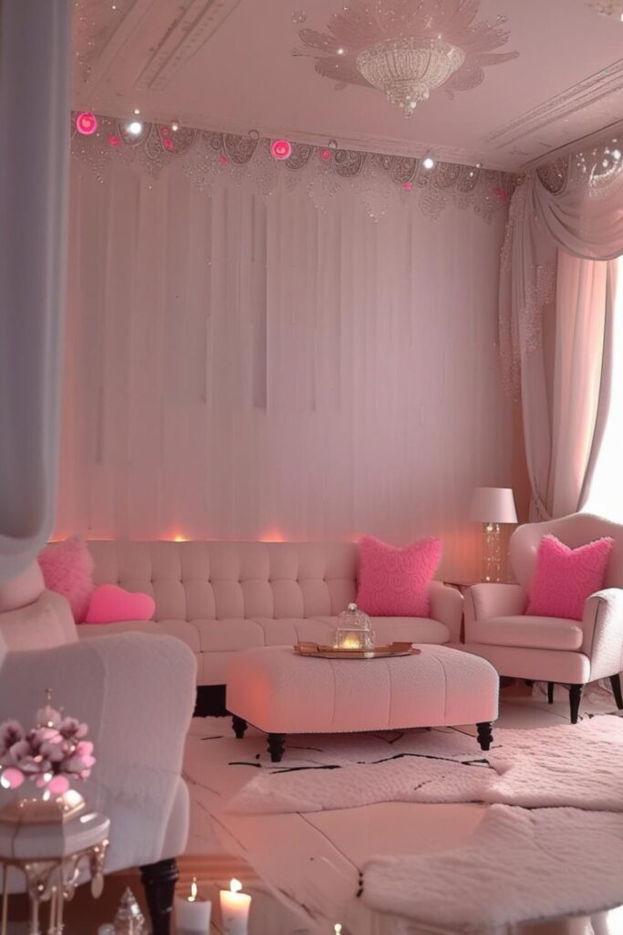 Damask soft pink wallpaper in a luxury living room