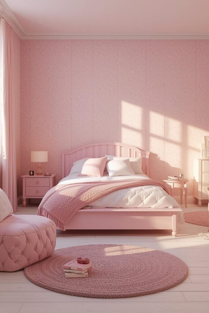 Soft pink polka dot wallpaper in a cheerful bedroom