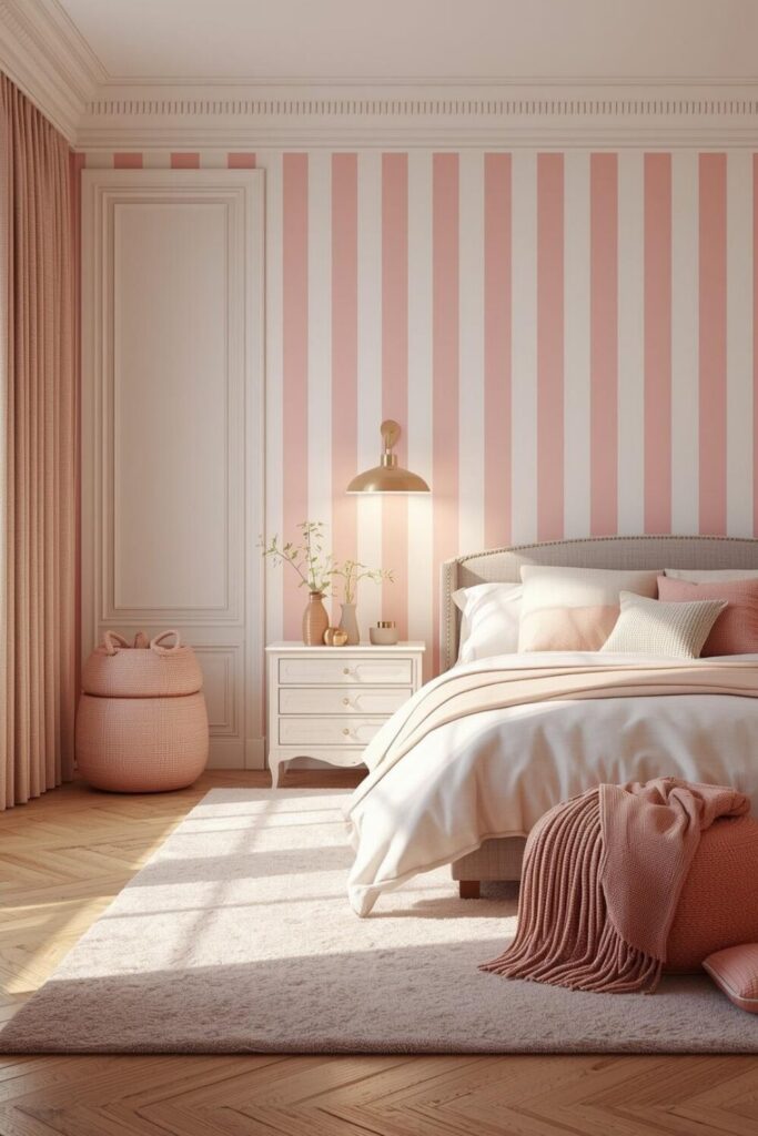 Soft pink striped wallpaper in a modern bedroom