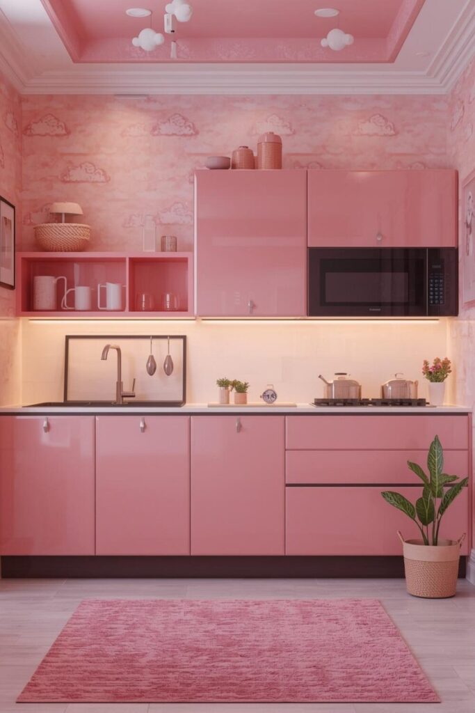 Soft pink cloud wallpaper in a calming kitchen