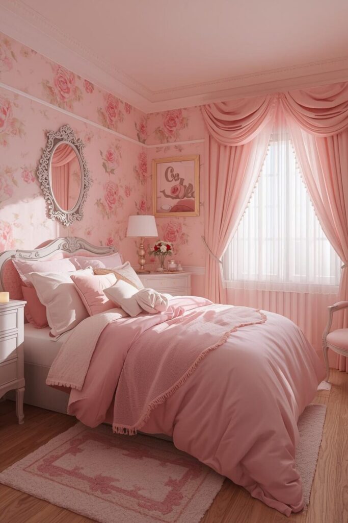 Soft pink rose wallpaper in a romantic bedroom