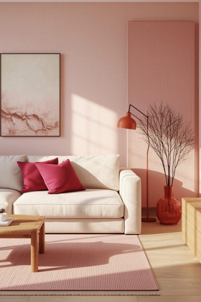 Linen-textured soft pink wallpaper in a cozy living room