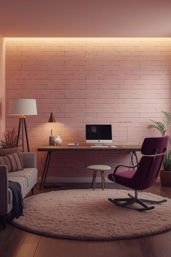 Soft pink brick wallpaper in a modern home office