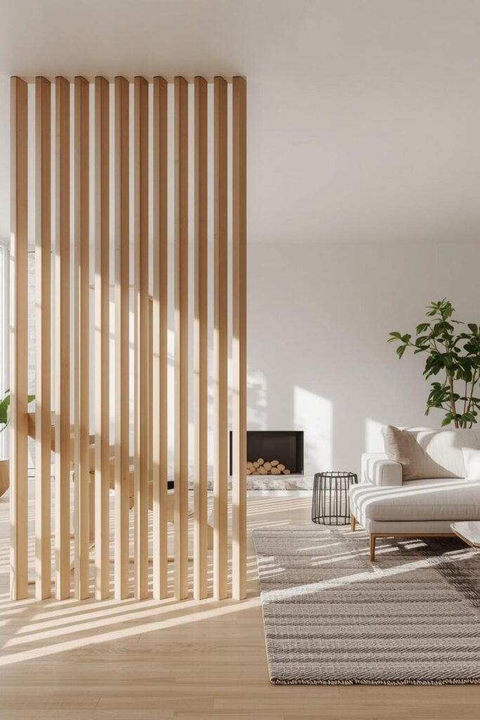 24 Living Room Partition Ideas for Modern Homes Wooden slat divider in bright modern living room