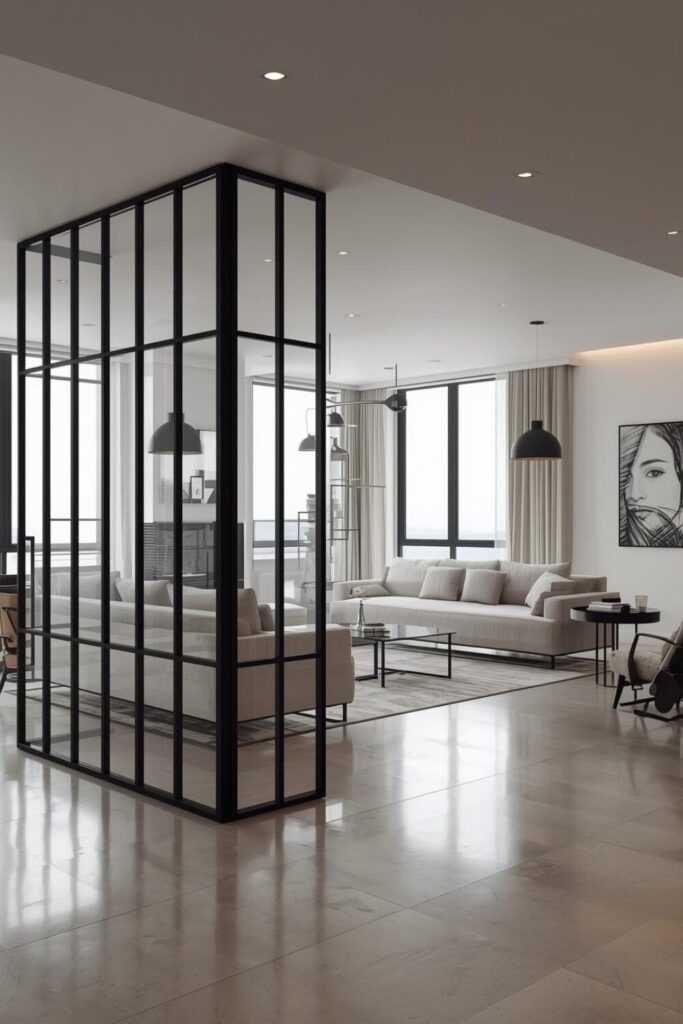 24 Living Room Partition Ideas for Modern Homes Glass partition with black frame divider