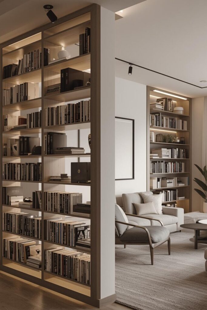 24 Living Room Partition Ideas for Modern Homes Bookshelf used as living room partition