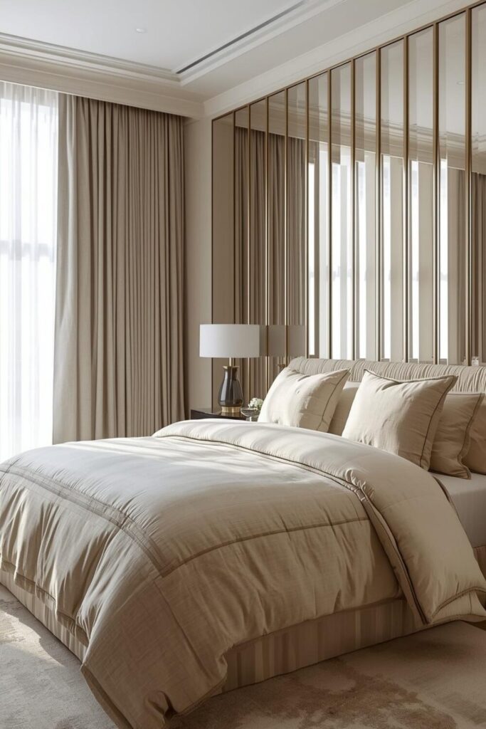 23 Ways to Create a Mirror Aesthetic Ideas in Your Space Mirrored headboard wall in luxury bedroom.