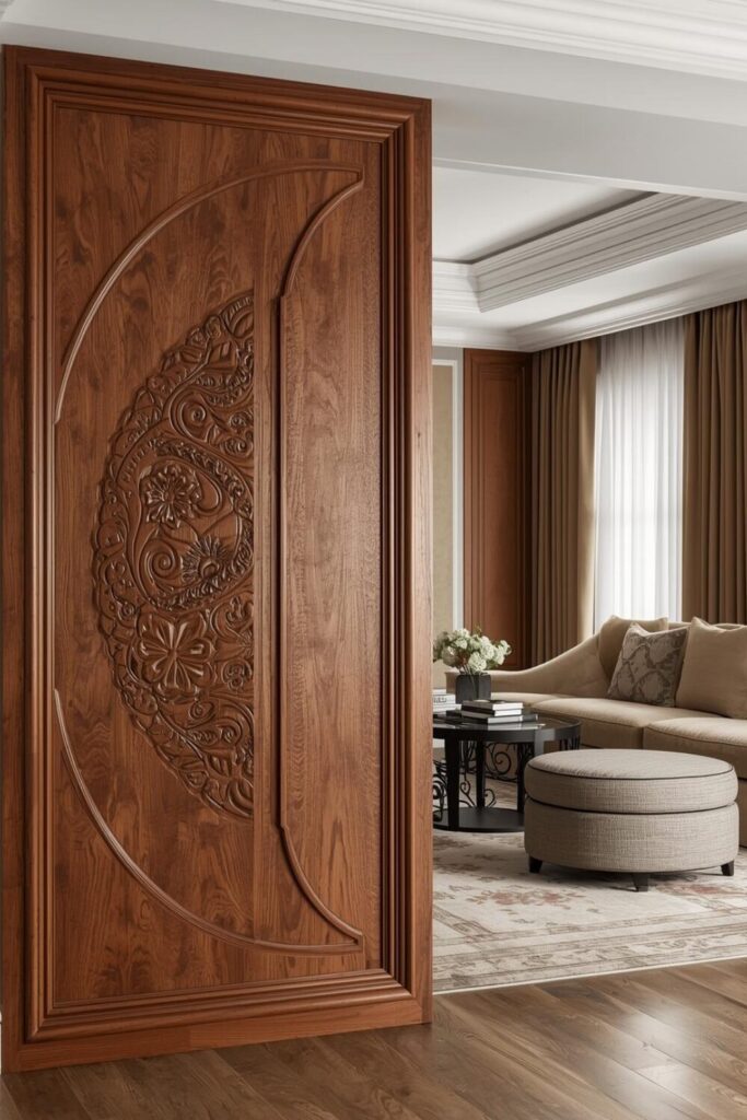 24 Living Room Partition Ideas for Modern Homes Wooden panel divider in cozy living room