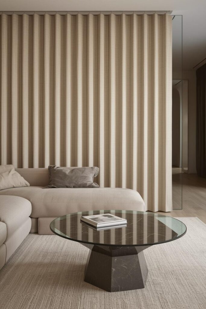 24 Living Room Partition Ideas for Modern Homes Fabric panel divider in living room