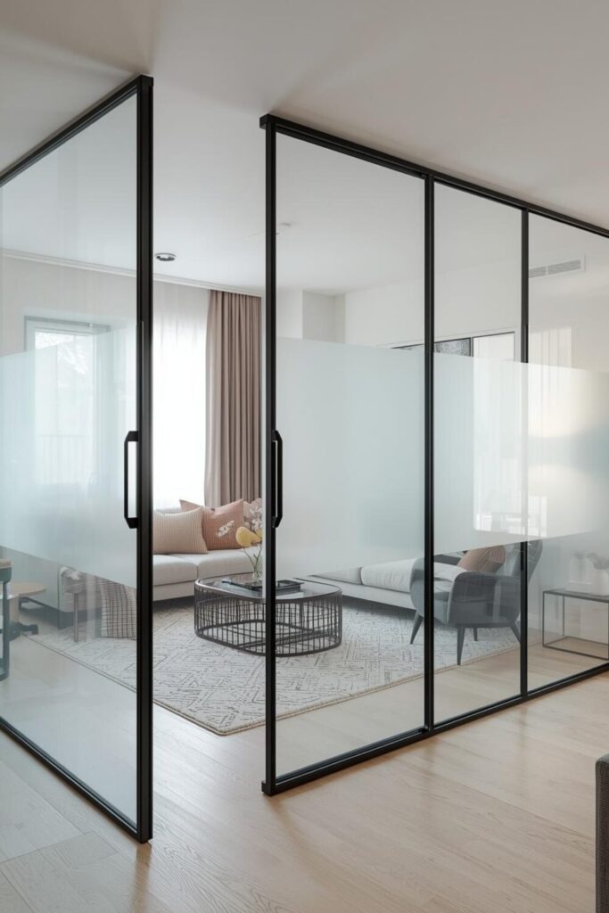 24 Living Room Partition Ideas for Modern Homes Glass partition with black frame divider