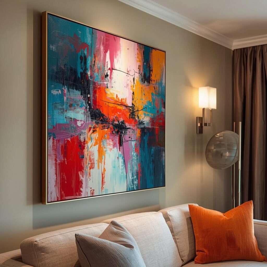 a colorful painted canvas hanging on a living room wall.